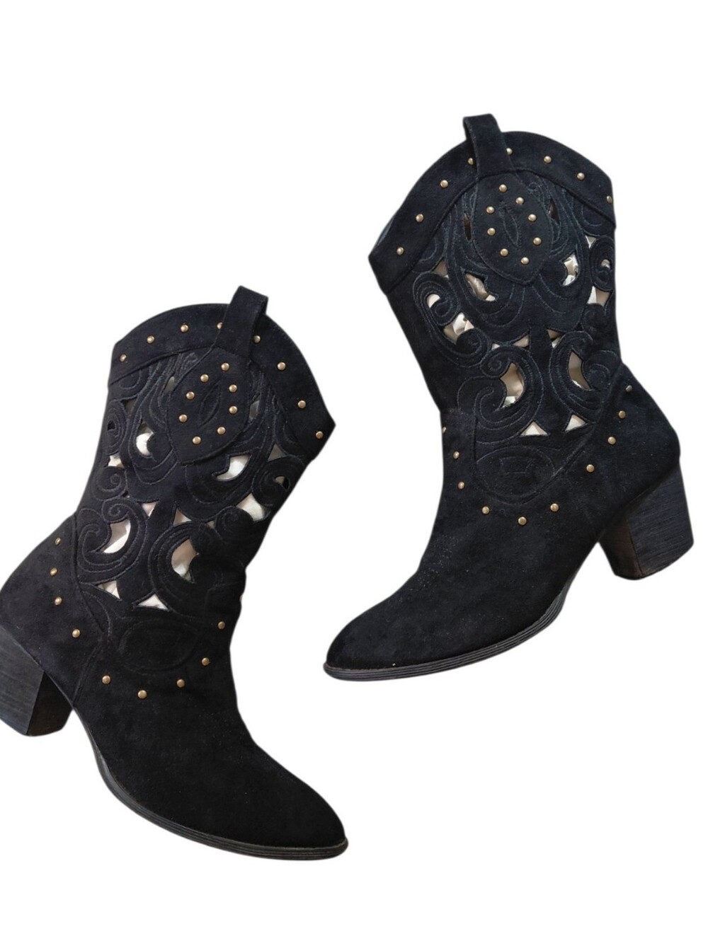 Black Studded Cut-Out Suede Western Boots Size 10 Cowgirl Boots